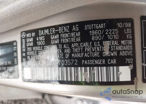 1999 Mercedes-Benz C 230 Kompressor из США, поврежденный, VIN WDBHA24G0XA703572